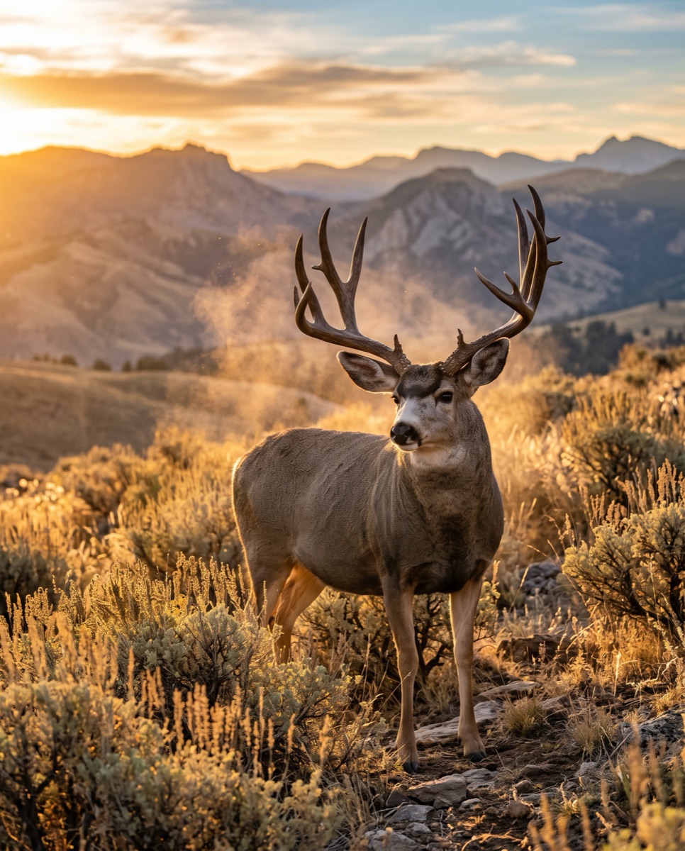 A heavy-antlered mule deer buck in golden sagebrush at sunrise