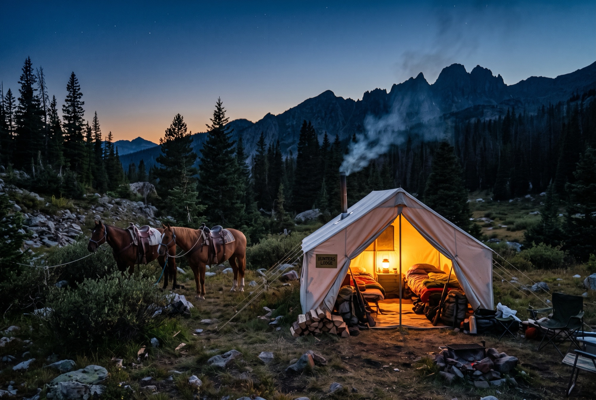 A canvas wall-tent hunting camp lit by lantern at dusk with horses picketed nearby