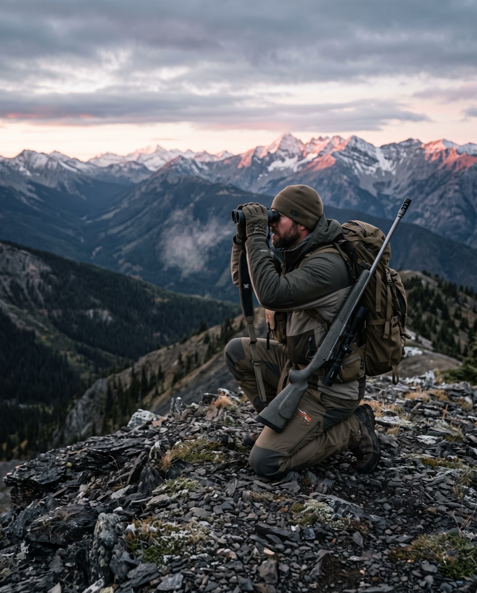 A hunter glassing a basin from a high ridge at first light