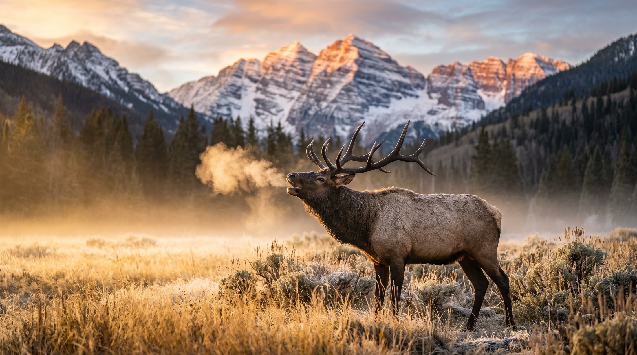 A bull elk bugling at dawn in a golden Colorado high-country meadow below snowy peaks